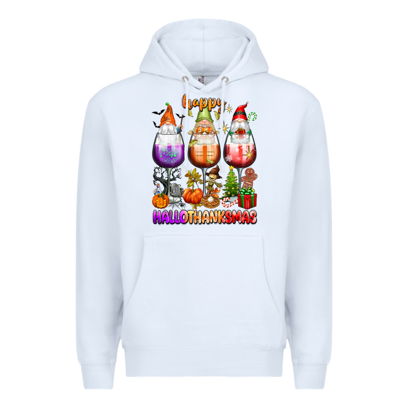Happy Hallothanksmas Wine Glasses And Gnomes Premium Hoodie by texasbilliewilder | Teevron