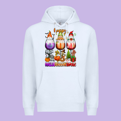 Happy Hallothanksmas Wine Glasses And Gnomes Premium Hoodie Designed By Texasbilliewilder