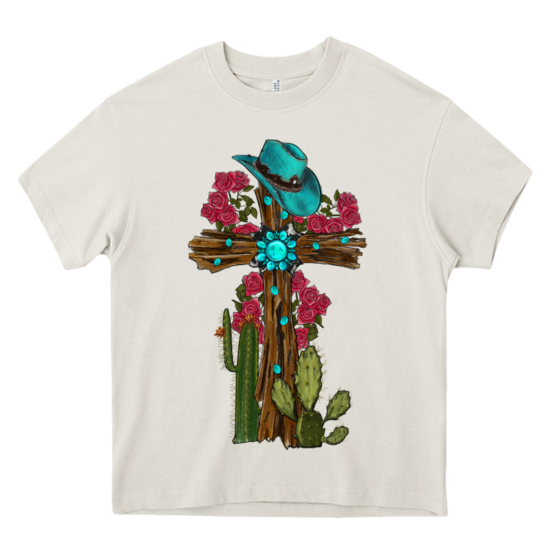 Cross Gemstone Cactus Roses Cowboy Hat Heavy Core Tee by RanaPortraitStore | Teevron