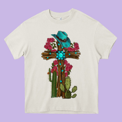 Cross Gemstone Cactus Roses Cowboy Hat Heavy Core Tee Designed By Ranaportraitstore