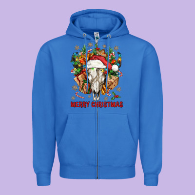Merry Christmas With Bull Skull Zipper Hoodie Designed By Bundleandbundleshop