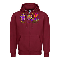 Burgundy Peace Love Mardi Gras Zipper Hoodie - BundleAndBundleShop