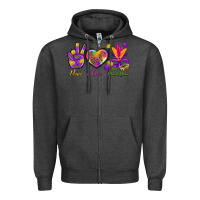 Charcoal Heather Peace Love Mardi Gras Zipper Hoodie - BundleAndBundleShop