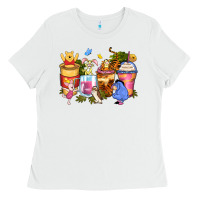 White cartoon characters coffee cups Ladies Tee - Zillion Design Studio