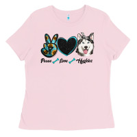 Bubblegum Pink peace love huskies Ladies Tee - RanaPortraitStore