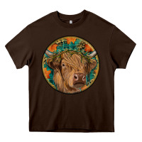 Chocolate Brown fall highland cow round Heavy Core Tee - RanaPortraitStore