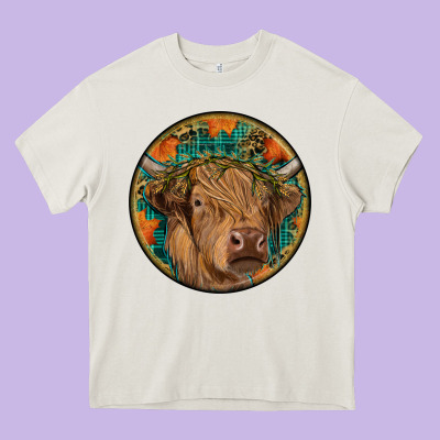 Fall Highland Cow Round Heavy Core Tee Designed By Ranaportraitstore