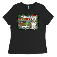 Black merry and bright husky farm  background Ladies Tee - RanaPortraitStore