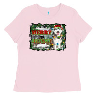 Bubblegum Pink merry and bright husky farm  background Ladies Tee - RanaPortraitStore