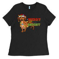 Black merry and bright dachshund Ladies Tee - RanaPortraitStore