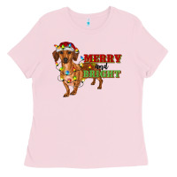 Bubblegum Pink merry and bright dachshund Ladies Tee - RanaPortraitStore