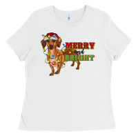 White merry and bright dachshund Ladies Tee - RanaPortraitStore