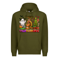 Army Green Happy Hallothanksmas with ghost turkey and tree Premium Hoodie - texasbilliewilder