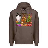 Coffee Happy Hallothanksmas with ghost turkey and tree Premium Hoodie - texasbilliewilder