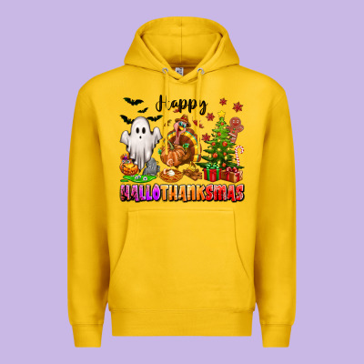 Happy Hallothanksmas With Ghost Turkey And Tree Premium Hoodie Designed By Texasbilliewilder