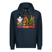 Navy Happy Hallothanksmas with ghost turkey and tree Premium Hoodie - texasbilliewilder