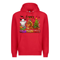Red Happy Hallothanksmas with ghost turkey and tree Premium Hoodie - texasbilliewilder