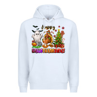 White Happy Hallothanksmas with ghost turkey and tree Premium Hoodie - texasbilliewilder