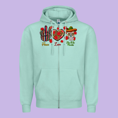 Peace Love Dia De Los Muertos Zipper Hoodie Designed By Bundleandbundleshop
