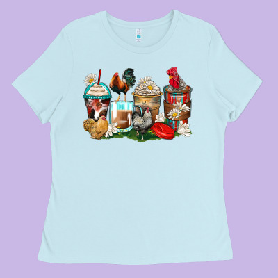 Rooster Coffee Cups Ladies Tee Designed By Zillion Design Studio