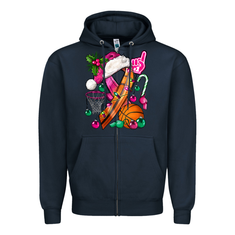 Pink Christmas Breast Cancer Ribbon Basketball Zipper Hoodie by BundleAndBundleShop | Teevron