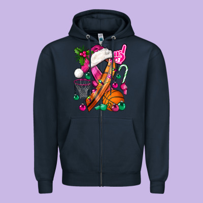 Pink Christmas Breast Cancer Ribbon Basketball Zipper Hoodie Designed By Bundleandbundleshop