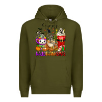 Army Green happy hallothanksmas skeleton coffee cups Premium Hoodie - texasbilliewilder