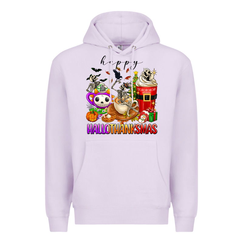 Happy Hallothanksmas Skeleton Coffee Cups Premium Hoodie by texasbilliewilder | Teevron