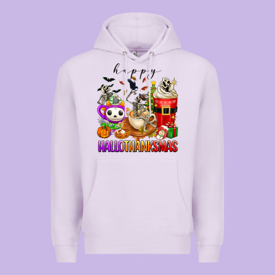 Happy Hallothanksmas Skeleton Coffee Cups Premium Hoodie Designed By Texasbilliewilder