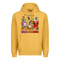 Mustard happy hallothanksmas skeleton coffee cups Premium Hoodie - texasbilliewilder