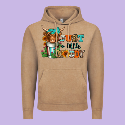 Just A Little Moody Coffee Cup Long Haired Cow Vintage Hoodie Designed By Jasminsmagicworld