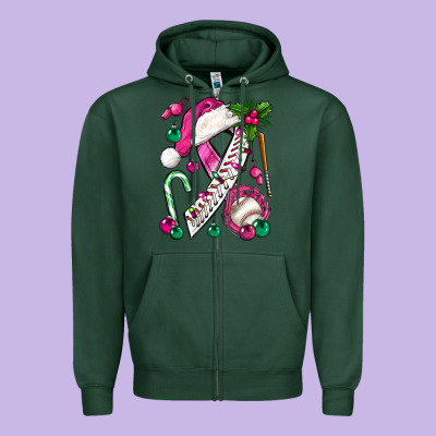 Pink Christmas Breast Cancer Ribbon Baseball Zipper Hoodie Designed By Bundleandbundleshop
