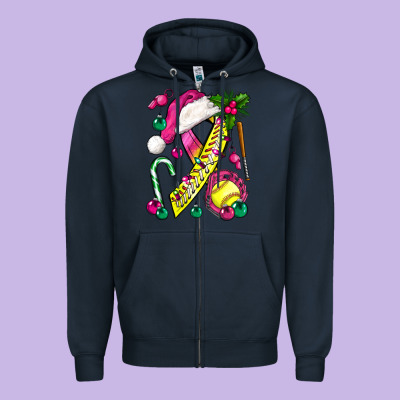 Pink Christmas Breast Cancer Ribbon Softball Zipper Hoodie Designed By Bundleandbundleshop