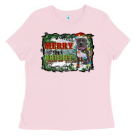 Bubblegum Pink merry and bright pitbull with farm Ladies Tee - RanaPortraitStore