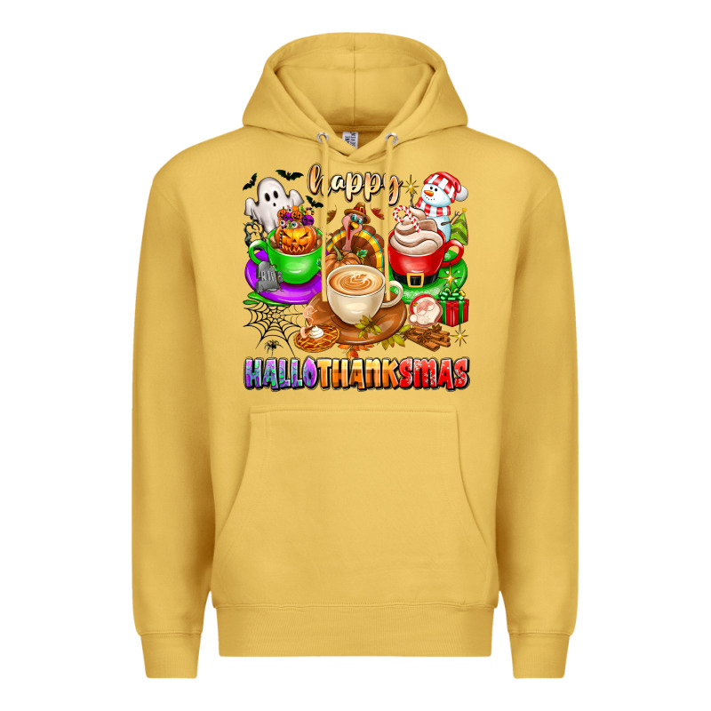Happy Hallothanksmas Coffee Cups With Ghost Turkey Premium Hoodie by texasbilliewilder | Teevron