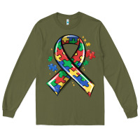 Army Green autism puzzle ribbon Long Sleeve Tee - MaliasSmallBusiness