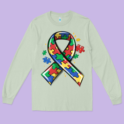 Autism Puzzle Ribbon Long Sleeve Tee Designed By Maliassmallbusiness