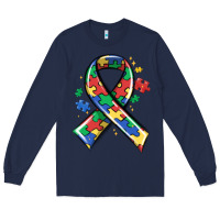 Navy autism puzzle ribbon Long Sleeve Tee - MaliasSmallBusiness