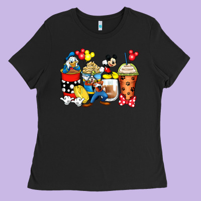 Cartoon Characters Coffee Cups Ladies Tee Designed By Zillion Design Studio