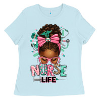 Baby Blue afro messy bun nurse life Ladies Tee - texasbilliewilder