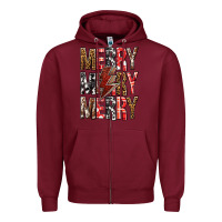 Burgundy Merry Merry Merry Christmas Lightning Bolt Zipper Hoodie - BundleAndBundleShop