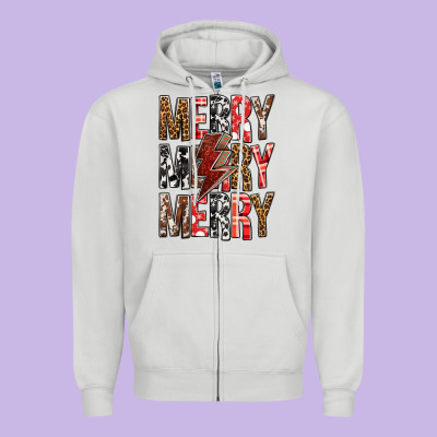 Merry Merry Merry Christmas Lightning Bolt Zipper Hoodie Designed By Bundleandbundleshop