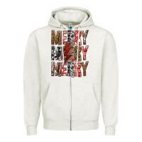 Oatmeal Heather Merry Merry Merry Christmas Lightning Bolt Zipper Hoodie - BundleAndBundleShop