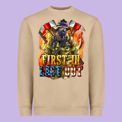 First In Last Out American Firefighter Heavyweight Sweatshirt Designed By Lillyallendesigns