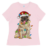 Bubblegum Pink pug with christmas lights Ladies Tee - RanaPortraitStore