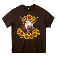 Chocolate Brown hereford cow with sunflowers Heavy Core Tee - RanaPortraitStore