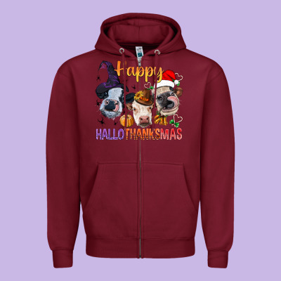 Happy Hallothanksmas Cows Zipper Hoodie Designed By Bundleandbundleshop
