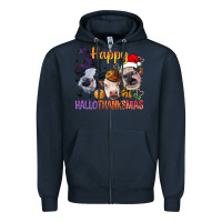 Navy Happy Hallothanksmas Cows Zipper Hoodie - BundleAndBundleShop