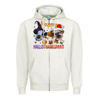 Oatmeal Heather Happy Hallothanksmas Cows Zipper Hoodie - BundleAndBundleShop