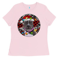 Bubblegum Pink pitbull and buffalo plaid Ladies Tee - RanaPortraitStore